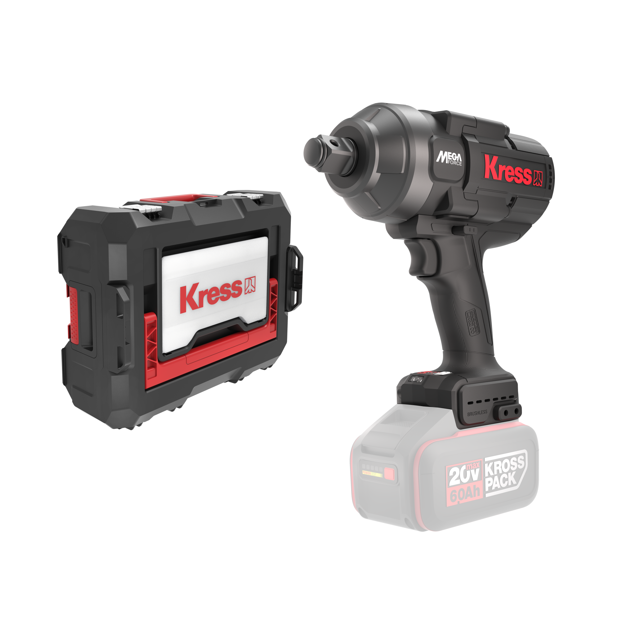 Гайковерт аккумуляторный бесщеточный KRESS KU35.91, 20В, 3/4", 1700 Нм, без АКБ и ЗУ, кейс
