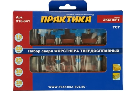 Набор сверл Форстнера твердосплавных (5 шт; 15-35 мм) ПРАКТИКА 918-641 Набор сверл Форстнера твердосплавных (5 шт; 15-35 мм) ПРАКТИКА 918-641