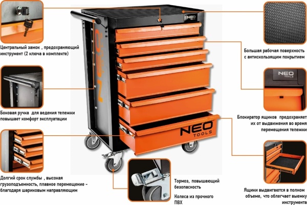 Инструментальная тележка NEO Tools 6 ящиков с набором инструмента 141 шт 84-221+G Инструментальная тележка NEO Tools 6 ящиков с набором инструмента 141 шт 84-221+G