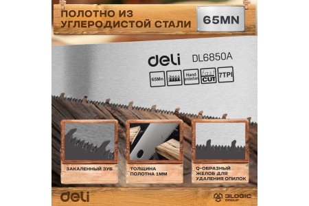 Ножовка по дереву DELI dl6850a 500мм, 7 tpi, 3d заточка, закаленный зуб, быстрый рез, пластиковая рукоять 114783