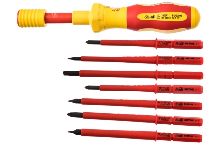 Набор диэлектрических отверток со сменными вставками 7+1, (в кофре, динамометрическая рукоятка 1-5 Нм) SHTOK 09350