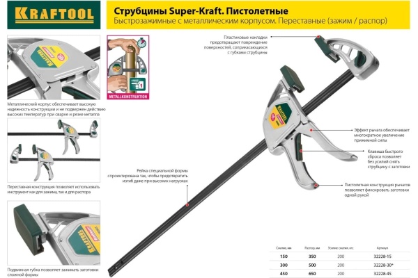 F-струбцина KRAFTOOL DIN 5117, двухкомпонентная ручка, 80x300мм 32011-080-300