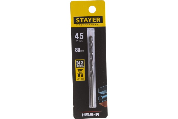 Сверло Professional по металлу HSS-R, (сталь М2, DIN 338, 4.5 мм) Stayer 29602-4.5