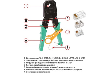 Кримпер для обжима 8P8C / 6P6C / 4P4C /ht-200/, заделка витой пары /ht-318М/ REXANT ht-315 12-3441