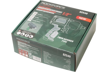 Ударный пневмогайковерт Rockforce Twin Hammer с реверсом и регулировкой усилия в облегченном корпусе 1/2" 1450Hм, 7000 об/мин,6.3bar,198 л/мин, вес 2кг RF-82549