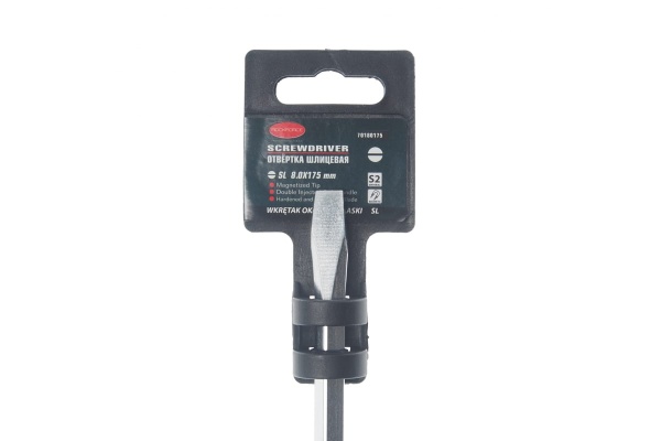 Шлицевая магнитная отвертка ROCKFORCE Profi S2 SL8.0х175мм на пластиковом держателе RF-70180175