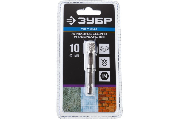 Вакуумное алмазное трубчатое сверло по керамограниту ЗУБР Профессионал HEX 1/4", 10 мм, для дрели 29865-10