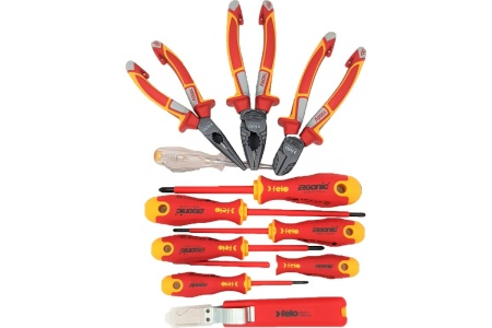 Набор диэлектрических отверток SL/PH, бокорезов, плоскогубцев, длинногубцев, стриппера и отвертки тестера напряжения сети в сумке Felo ERGONIC 41391104