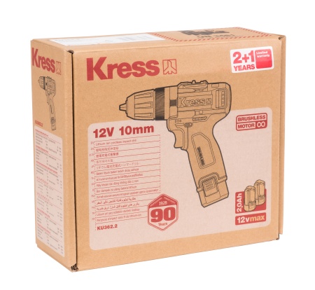 Дрель-шуруповерт ударная аккумуляторная бесщеточная KRESS, KU362.2, 12В, 38Нм, 2Ач x2, ЗУ 1,5А, набор аксессуаров,сумка