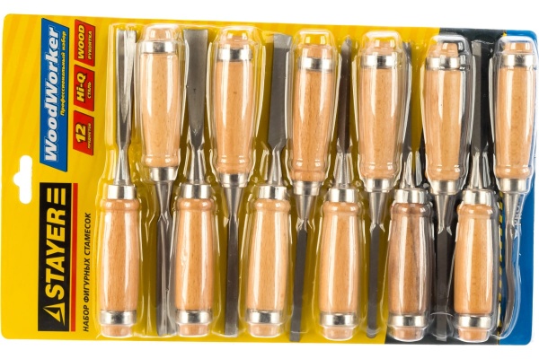 Набор фигурных стамесок STAYER PROFI с деревянной ручкой, 12шт 1835-H12_z01