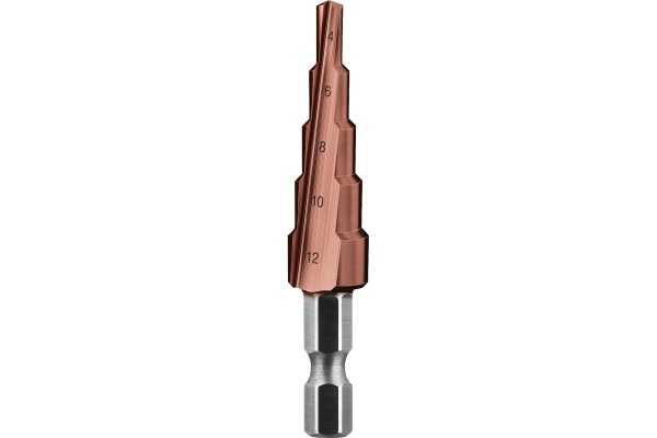 Ступенчатое сверло по металлу ЗУБР Кобальт 4-12 мм, 5 ступеней, сталь Р6М5+Со 29672-4-12-5_z01