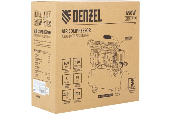 Безмасляный компрессор DENZEL DLS650/10 650 Вт, 120 л/мин, ресивер 10 л 58021