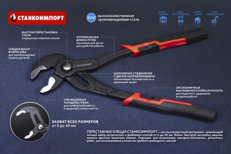 Переставные клещи Станкоимпорт с кнопочным фиксатором, 250 мм CS-21.02.11