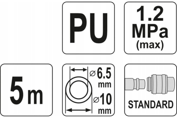Шланг спиральный PU с быстросъёмным соединением 6.5x10 мм, 5 м YATO YT-24204