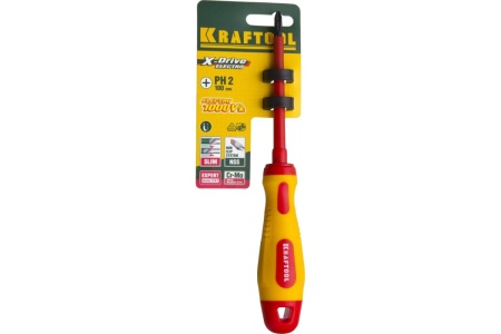 Отвертка KRAFTOOL высоковольтная, Cr-Mo-V стержень, двухкомп. маслобензостойкая рукоятка, PH №2, 100мм 250084-2-100