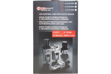 Блок подготовки воздуха фильтр-регулятор+лубрикатор, автоматический слив (3/8", 10 Мкм, 3000 л/мин, 0-10 bar, рабочая температура 5-60°) Forcekraft FK-AC4010-03D Блок подготовки воздуха фильтр-регулятор+лубрикатор, автоматический слив (3/8", 10 Мкм, 3000 л/мин, 0-10 bar, рабочая температура 5-60°) Forcekraft FK-AC4010-03D
