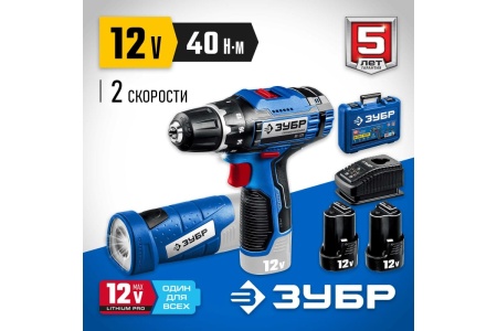 Дрель-шуруповерт ЗУБР Профессионал 12В + LED-фонарь, 2 АКБ 2Ач DL-121-22F