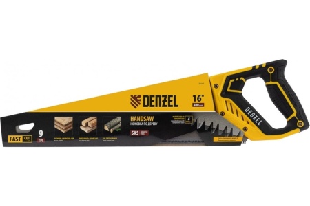 Ножовка по дереву Denzel, 400 мм, 9 TPI, зуб 3D, двухкомпонентная рукоятка 24145