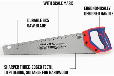 Ножовка по дереву WORKPRO 450 мм, SK5, 11TPI WP215010