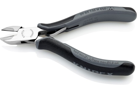 Бокорезы для электроники KNIPEX ESD с лезвиями из твёрдосплава, округлая головка, 135 мм, 2-комп антистатические ручки KN-7702135HESD