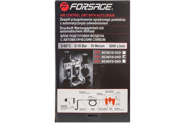 Блок подготовки воздуха 1/2" фильтр-регулятор+лубрикатор, автоматический слив (10 Мк, 3000 л/мин, 0-10 bar, рабочая температура 5-60°) Forsage F-AC4010-04D Блок подготовки воздуха 1/2" фильтр-регулятор+лубрикатор, автоматический слив (10 Мк, 3000 л/мин, 0-10 bar, рабочая температура 5-60°) Forsage F-AC4010-04D