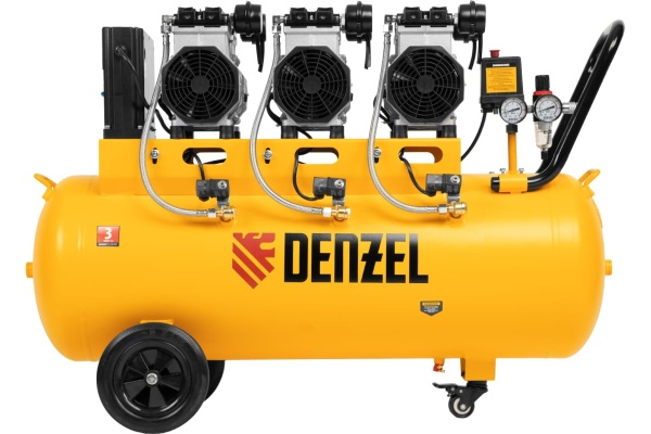 Безмаслянный малошумный компрессор Denzel DLS 3300/100,3300Вт,3x1100,100 л,570 л/мин блок упр 58032