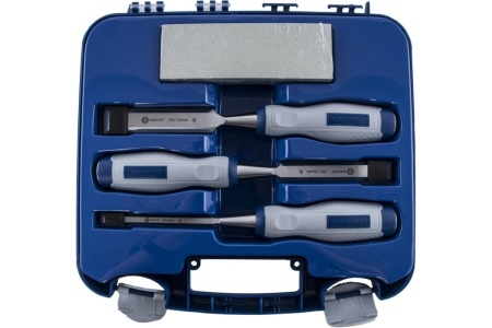 Набор плоских стамесок: 8, 16, 22мм, длина 140мм, CR-V, двухкомпонентные рукоятки, точильный камень, 3шт, кейс КОБАЛЬТ 245-688