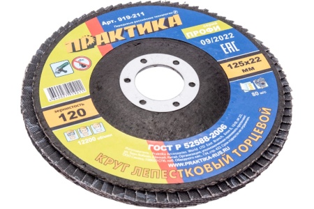 Круг лепестковый шлифовальный (125х22 мм; Р 120) ПРАКТИКА 919-211 Круг лепестковый шлифовальный (125х22 мм; Р 120) ПРАКТИКА 919-211
