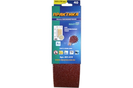 Лента шлифовальная (3 шт; 75х533 мм; P40) ПРАКТИКА 031-419