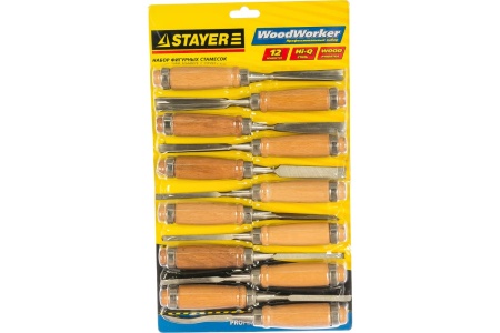 Набор фигурных стамесок STAYER PROFI с деревянной ручкой, 12шт 1835-H12_z01