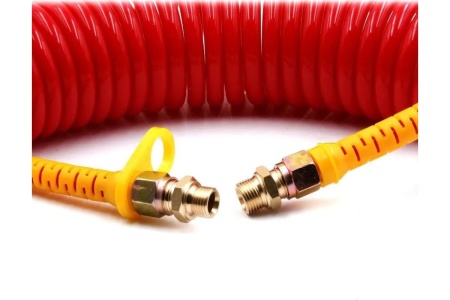 Шланг пневматический полиуретановый спиральный (7 м, 6.5х10 мм, наружная и внутренняя резьба M22x1.5 латунь, 10-16 бар, красный) HQ-mech HQ-AH104-710REDM22-BR