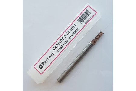 Фреза концевая твердосплавная по нержавеющей стали Серия 303 (3х8х50 мм; 4-х перая; TiAlSIN; 38/41 градусов) Partner 303030