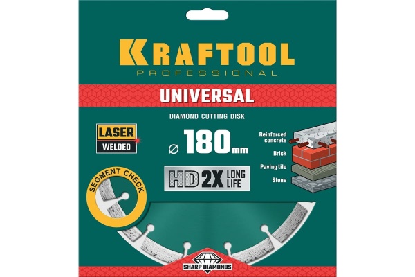 Диск алмазный сегментный по железобетону и бетону KRAFTOOL Universal 180х22 мм 36680-180