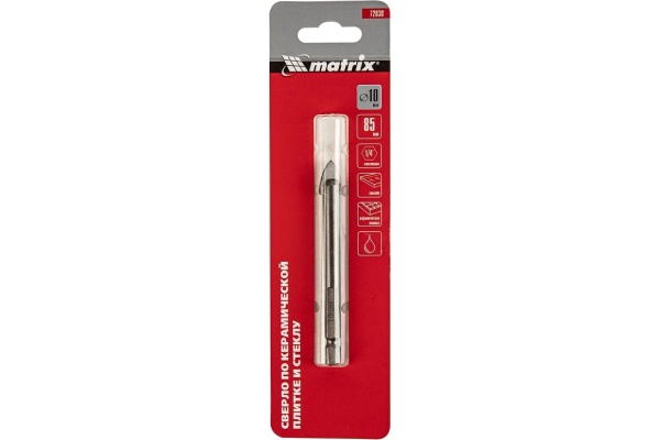 Сверло по керамической плитке и стеклу 10 мм, 6-гранный хвостовик MATRIX 72838 Сверло по керамической плитке и стеклу 10 мм, 6-гранный хвостовик MATRIX 72838