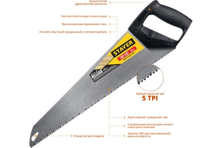 Ножовка ударопрочная пила Stayer "TopCut" 450 мм, 5 TPI, быстрый рез поперек волокон, для крупных и средних заготовок, 15061-45_z02