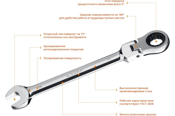 Комбинированный гаечный ключ трещоточный шарнирный Зубр ПРОФЕССИОНАЛ 27101-17