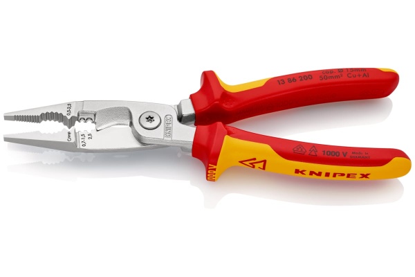 Электромонтажные клещи Knipex VDE, 6-в-1, 200 мм, диэлектрические, хром, 2К ручки, KN-1386200SB