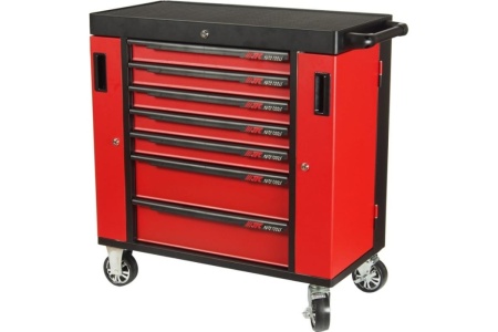 Тележка инструментальная (7 секций, красная, на колесах, с двумя боковыми ящиками) JTC S1070