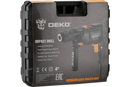 Ударная сетевая дрель DEKO DKID600W в кейсе с быстрозажимным патроном, 600 Вт, 50 Нм, 3000 об/мин, 063-4163 Ударная сетевая дрель DEKO DKID600W в кейсе с быстрозажимным патроном, 600 Вт, 50 Нм, 3000 об/мин, 063-4163