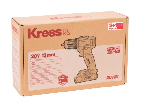 Дрель-шуруповерт аккумуляторная бесщеточная KRESS KU212.1, 20В, 50Нм, 2Ач x2, ЗУ 2А, Сумка + коробка