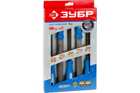 Набор напильников с двухкомпонентной ручкой: плоский, полукруглый, трехгранный, квадратный, круглый, №2, 250мм ЗУБР ЭКСПЕРТ 16651-25-H5