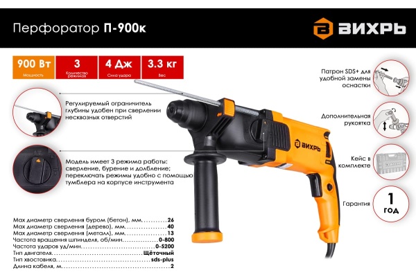 Перфоратор ВИХРЬ П-900К 72/3/2