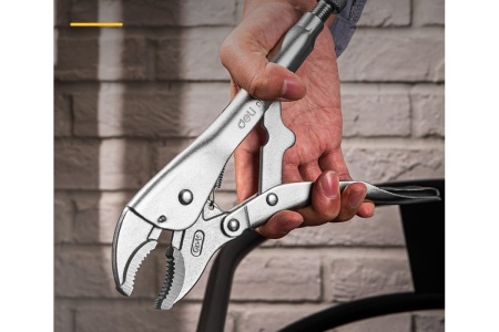 Зажимные клещи DELI dl0381 с изогнутыми губками, 200мм, рабочий ход 55мм, регулировочный винт 110709