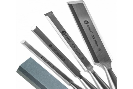 Набор плоских стамесок: 6, 12, 18, 24мм, длина 140мм, CR-V, двухкомпонентные рукоятки, точильный камень, 4шт, кейс КОБАЛЬТ 245-695