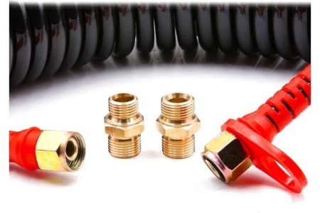 Шланг пневматический полиуретановый спиральный (7 м, 6.5х10 мм, наружная и внутренняя резьба M18x1.5 сталь, 10-16 бар, черный) HQ-mech HQ-AH103-710BLACKM18-IR