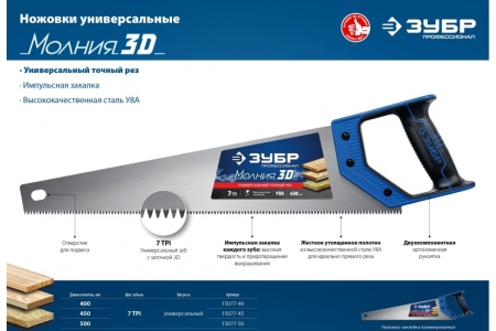 Ножовка универсальная пила Зубр "МОЛНИЯ-3D" 450мм, 7TPI, 3D зуб, 15077-45_z01