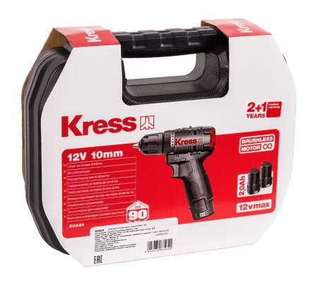Дрель-шуруповерт аккумуляторная бесщеточная KRESS KUA24, 12В, 40Нм, 2.0Ач х2, ЗУ 1,5А, кейс.