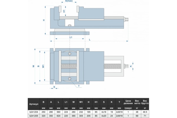Поворотные станочные тиски с открытым винтом GRIFF серия QB 250 мм b241204