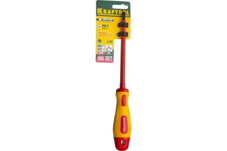 Отвертка KRAFTOOL высоковольтная, Cr-Mo-V стержень, двухкомп. маслобензостойкая рукоятка, PH №3, 150мм 250084-3-150