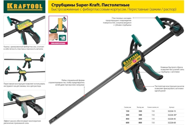F-струбцина KRAFTOOL DIN 5117, двухкомпонентная ручка, 80x300мм 32011-080-300